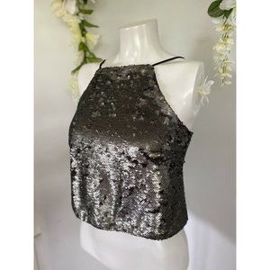 Vintage Sugar Lips Sequin Cropped‎ Camisole Cami Tank Top Gray Womens Size Small